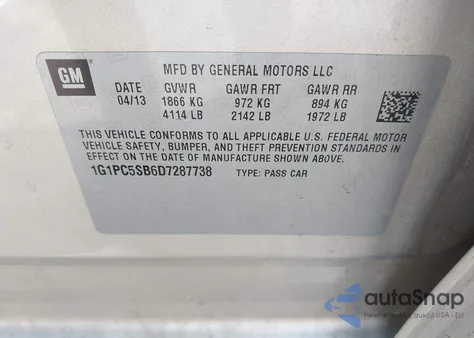 2013 Chevrolet Cruze 1Lt Auto from USA, damaged, VIN 1G1PC5SB6D7287738